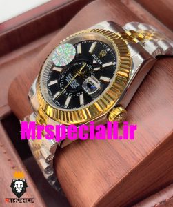 ساعت مردانه رولکس مدل اسکای دالر اتوماتیک بند ژوبیل دورنگ طلایی صفحه مشکی 020671 Rolex Sky Dweller 