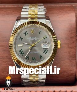 ساعت مردانه رولکس مدل دیت جاست ویمبلدون بند ژوبیل دورنگ طلایی صفحه طوسی 01582 ROLEX DATE JUST WIMBELDON