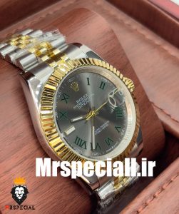 ساعت مردانه رولکس مدل دیت جاست ویمبلدون بند ژوبیل دورنگ طلایی صفحه طوسی 01582 ROLEX DATE JUST WIMBELDON