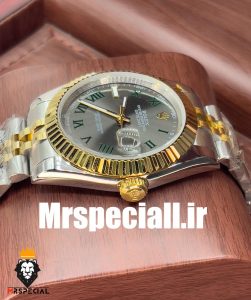 ساعت مردانه رولکس مدل دیت جاست ویمبلدون بند ژوبیل دورنگ طلایی صفحه طوسی 01582 ROLEX DATE JUST WIMBELDON