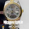 ساعت مردانه رولکس مدل دیت جاست ویمبلدون بند ژوبیل دورنگ طلایی صفحه طوسی 01582 ROLEX DATE JUST WIMBELDON