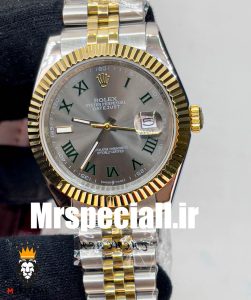 ساعت مردانه رولکس مدل دیت جاست ویمبلدون بند ژوبیل دورنگ طلایی صفحه طوسی 01582 ROLEX DATE JUST WIMBELDON