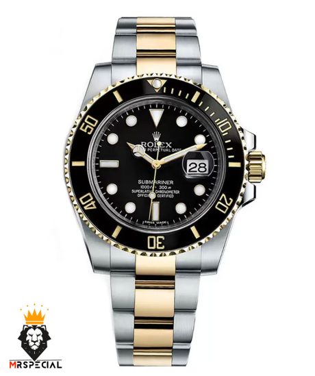 ساعت رولکس مردانه ساب مارینر کوارتز دو رنگ طلایی صفحه مشکی 6636 Rolex Sub mariner