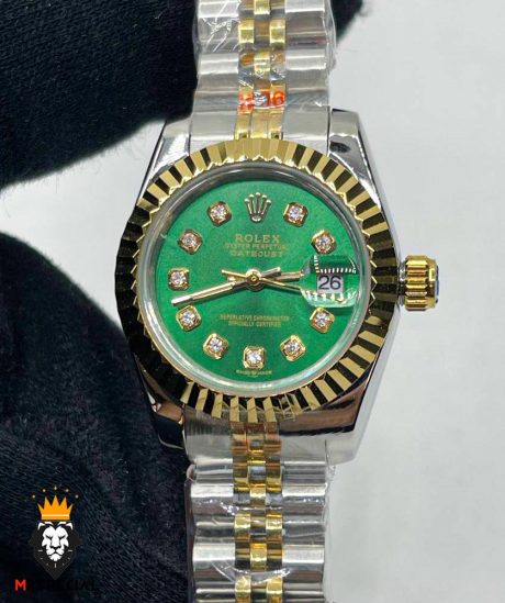 ساعت زنانه رولکس دیت جاست کوارتز دورنگ طلایی صفحه سبز 01059 ROLEX DATEJUST