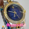 ساعت زنانه رولکس دیت جاست کوارتز قاب نگین دورنگ طلایی صفحه ابی مشکی 020831 ROLEX DATEJUST