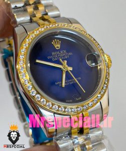 ساعت زنانه رولکس دیت جاست کوارتز قاب نگین دورنگ طلایی صفحه ابی مشکی 020831 ROLEX DATEJUST