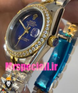 ساعت زنانه رولکس دیت جاست کوارتز قاب نگین دورنگ طلایی صفحه ابی مشکی 020831 ROLEX DATEJUST