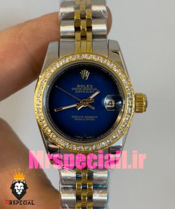 ساعت زنانه رولکس دیت جاست کوارتز قاب نگین دورنگ طلایی صفحه ابی مشکی 020832 ROLEX DATEJUST 