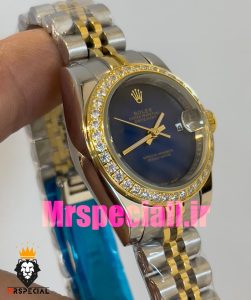 ساعت زنانه رولکس دیت جاست کوارتز قاب نگین دورنگ طلایی صفحه ابی مشکی 020832 ROLEX DATEJUST 