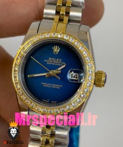 ساعت زنانه رولکس دیت جاست کوارتز قاب نگین دورنگ طلایی صفحه ابی مشکی 020832 ROLEX DATEJUST 