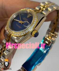 ساعت زنانه رولکس دیت جاست کوارتز قاب نگین دورنگ طلایی صفحه ابی مشکی 020832 ROLEX DATEJUST 