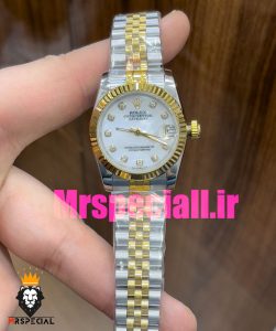 ساعت زنانه رولکس دیت جاست اتوماتیک دورنگ طلایی صفحه سفید صدف 020826 ROLEX DATEJUST 