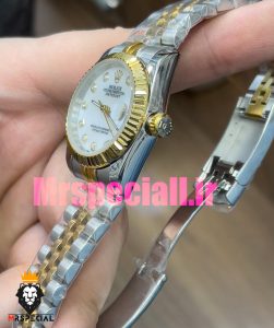 ساعت زنانه رولکس دیت جاست اتوماتیک دورنگ طلایی صفحه سفید صدف 020826 ROLEX DATEJUST 