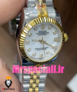 ساعت زنانه رولکس دیت جاست اتوماتیک دورنگ طلایی صفحه سفید صدف 020826 ROLEX DATEJUST 