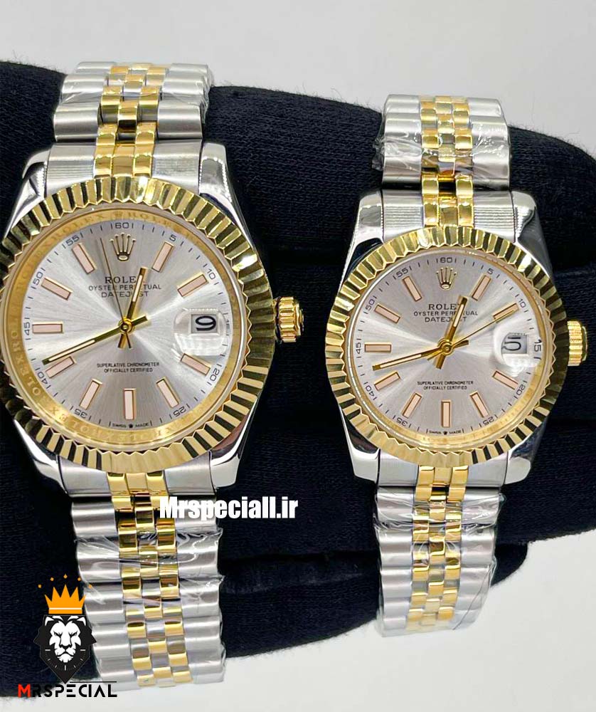 ساعت ست رولکس زنانه و مردانه مدل دیت جاست باتری دورنگ طلایی صفحه نقره ای 01534 ROLEX DATEJUST