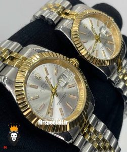 ساعت ست رولکس زنانه و مردانه مدل دیت جاست باتری دورنگ طلایی صفحه سفید 01534 ROLEX DATEJUST