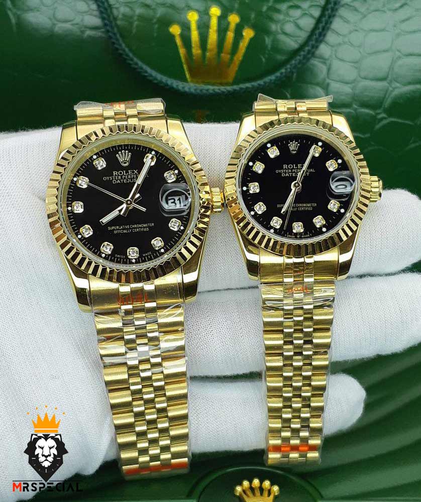 ساعت ست زنانه و مردانه رولکس دیت جاست طلایی صفحه مشکی 01483 ROLEX DATEJUST