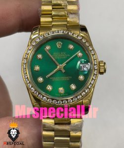 ساعت زنانه رولکس دیت جاست اتوماتیک قاب نگین طلایی صفحه سبز 020828 ROLEX DATEJUST 