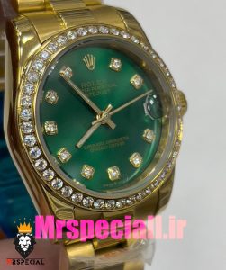 ساعت زنانه رولکس دیت جاست اتوماتیک قاب نگین طلایی صفحه سبز 020828 ROLEX DATEJUST 