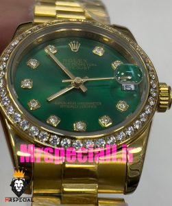 ساعت زنانه رولکس دیت جاست اتوماتیک قاب نگین طلایی صفحه سبز 020828 ROLEX DATEJUST 