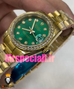 ساعت زنانه رولکس دیت جاست اتوماتیک قاب نگین طلایی صفحه سبز 020828 ROLEX DATEJUST 