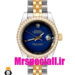 ساعت زنانه رولکس دیت جاست کوارتز قاب نگین دورنگ طلایی صفحه ابی مشکی 020832 ROLEX DATEJUST