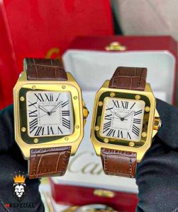 ساعت ست کارتیه سانتوس بند چرم قهوه ای قاب طلایی صفحه سفید CARTIER SANTOS100 0873