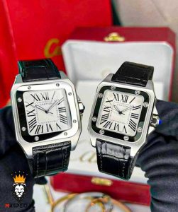 ساعت ست مردانه و زنانه کارتیه سانتوس چرم مشکی صفحه سفید CARTIER SANTOS100 0871