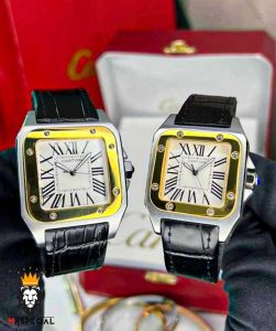 ساعت ست کارتیه سانتوس بند چرم مشکی قاب دورنگ طلایی صفحه سفید CARTIER SANTOS100 0873