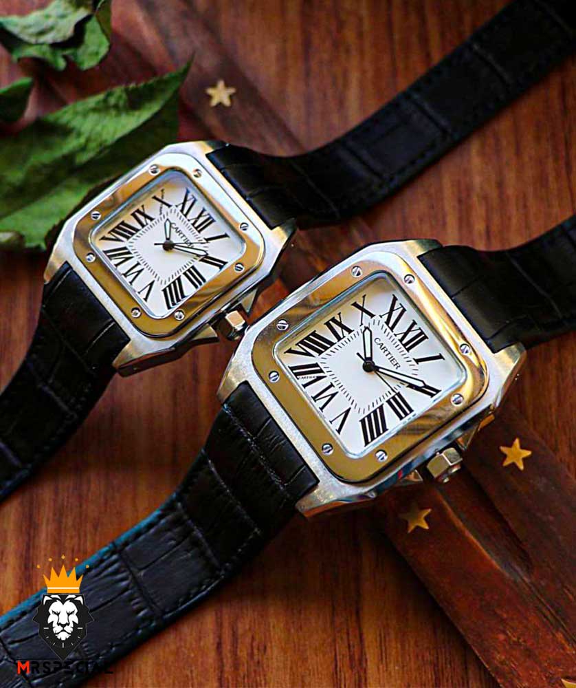 ساعت ست کارتیه سانتوس بند چرم مشکی قاب دورنگ طلایی صفحه سفید CARTIER SANTOS100 0873