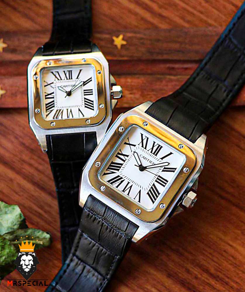 ساعت ست کارتیه سانتوس بند چرم مشکی قاب دورنگ طلایی صفحه سفید CARTIER SANTOS100 0873