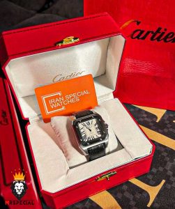 ساعت مردانه کارتیه سانتوس کوارتز بند چرم صفحه سفید 02094 Cartier Santos100