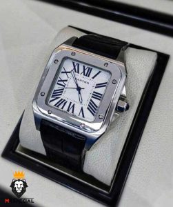 ساعت مردانه کارتیه سانتوس کوارتز بند چرم صفحه سفید 02094 Cartier Santos100