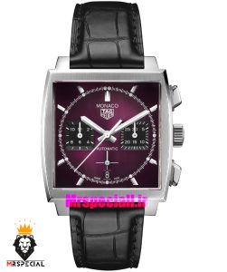 ساعت مچی مردانه تگ هویر موناکو کرنوگراف بند چرم صفحه بنفش Tag Heuer Monaco 021655