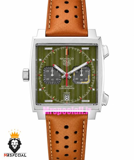 ساعت مردانه تگ هویر موناکو کرنوگراف بند چرم صفحه سبز Tag heuer Monaco 020537
