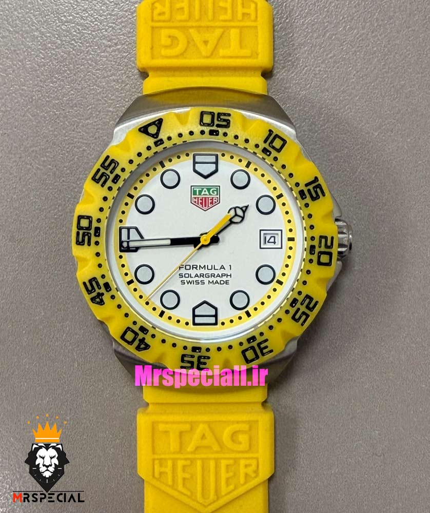 ساعت تگ هویر مردانه سولارگراف اتوماتیک بند رابر زرد صفحه سفید Tag heuer Solargraph 021571