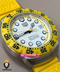 ساعت تگ هویر مردانه سولارگراف اتوماتیک بند رابر زرد صفحه سفید Tag heuer Solargraph 021571