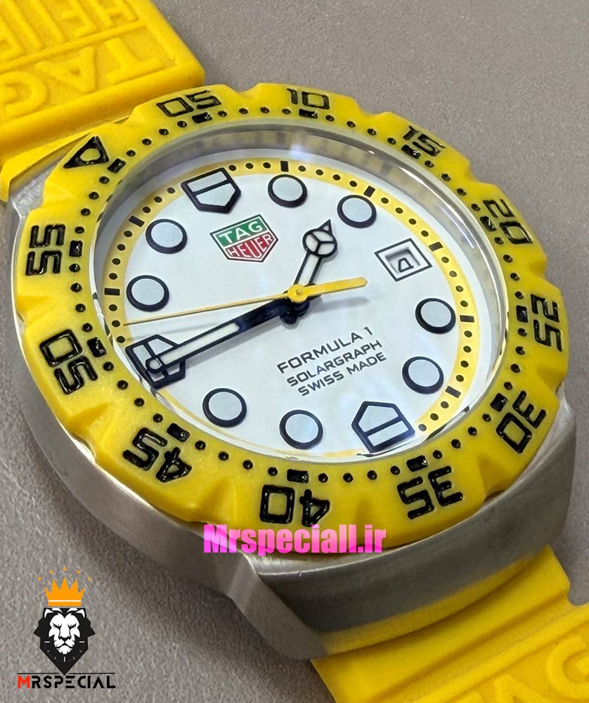 ساعت تگ هویر مردانه سولارگراف اتوماتیک بند رابر زرد صفحه سفید Tag heuer Solargraph 021571