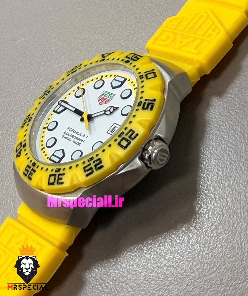 ساعت تگ هویر مردانه سولارگراف اتوماتیک بند رابر زرد صفحه سفید Tag heuer Solargraph 021571