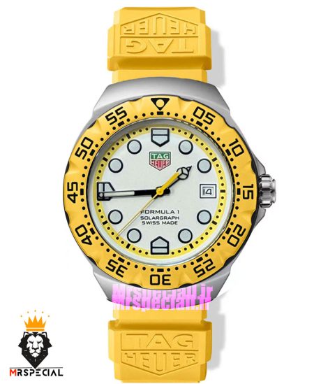 ساعت تگ هویر مردانه سولارگراف اتوماتیک بند رابر زرد صفحه سفید Tag heuer Solargraph 021571