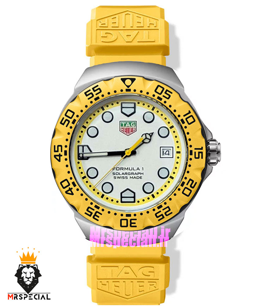 ساعت تگ هویر مردانه سولارگراف اتوماتیک بند رابر زرد صفحه سفید Tag heuer Solargraph 021571