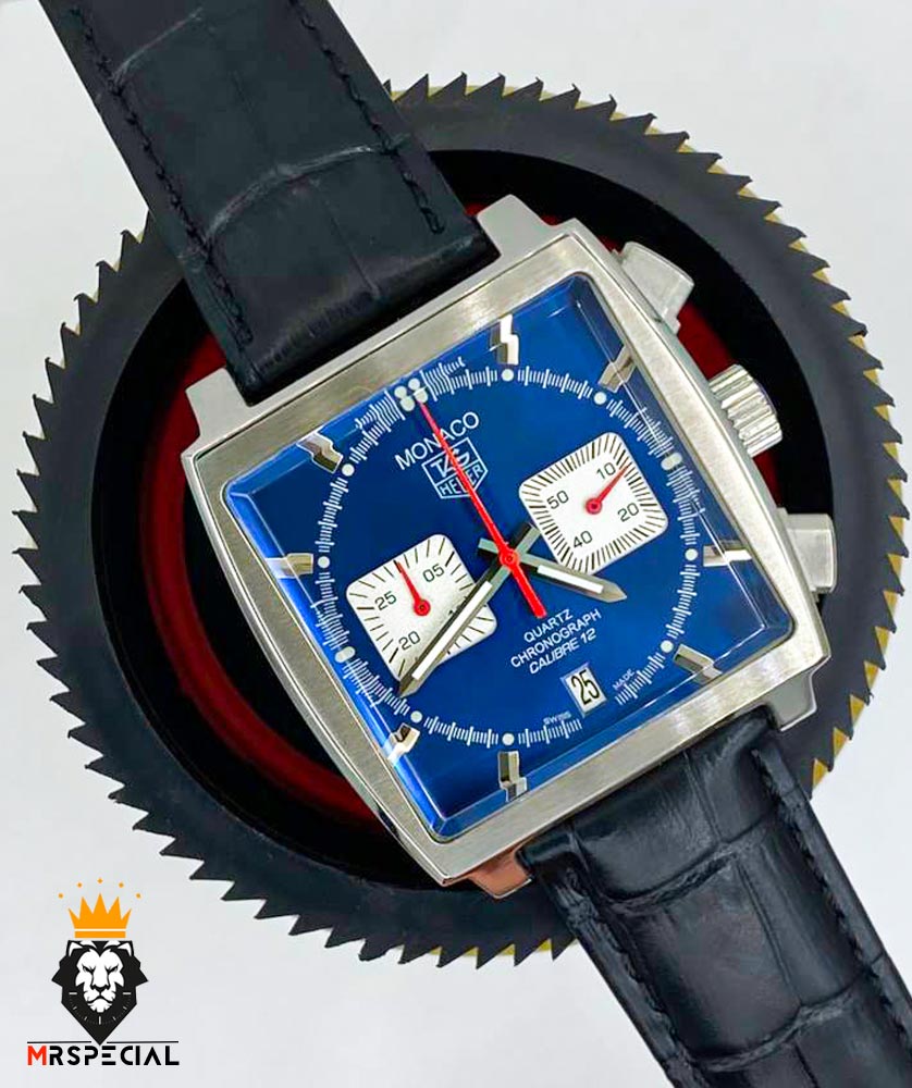 ساعت مچی مردانه تگ هویر موناکو کرنوگراف بند چرم صفحه ابی 01332 TAG HEUER MONACO
