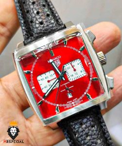 ساعت مچی مردانه تگ هویر موناکو کرنوگراف بند چرم صفحه قرمز 0868 TAG HEUER MONACO