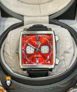 ساعت مچی مردانه تگ هویر موناکو کرنوگراف بند چرم صفحه قرمز 0868 TAG HEUER MONACO