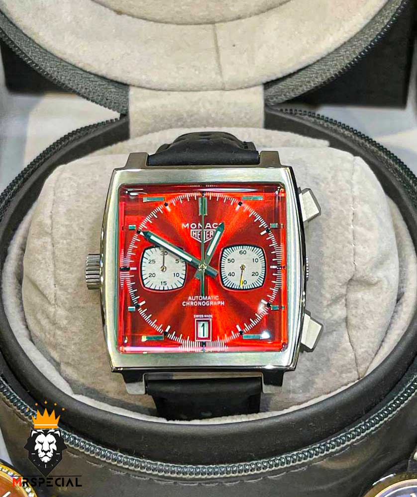 ساعت مچی مردانه تگ هویر موناکو کرنوگراف بند چرم صفحه قرمز 0868 TAG HEUER MONACO