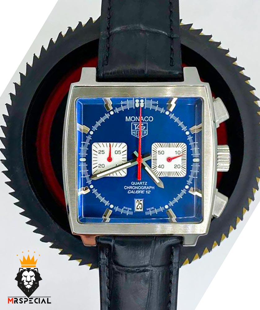 ساعت مچی مردانه تگ هویر موناکو کرنوگراف بند چرم صفحه ابی 01332 TAG HEUER MONACO