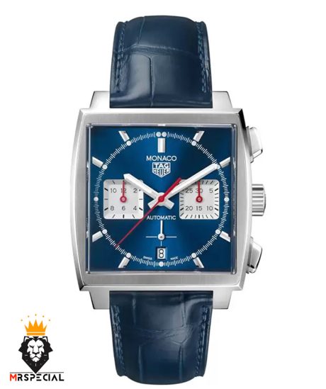 ساعت مچی مردانه تگ هویر موناکو کرنوگراف بند چرم صفحه ابی 01332 TAG HEUER MONACO