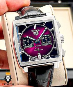 ساعت مچی مردانه تگ هویر موناکو کرنوگراف بند چرم صفحه بنفش Tag Heuer Monaco 020167 