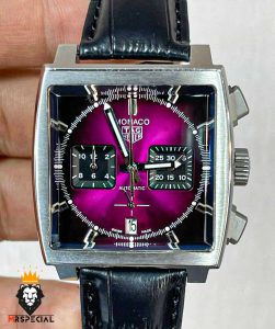 ساعت مچی مردانه تگ هویر موناکو کرنوگراف بند چرم صفحه بنفش Tag Heuer Monaco 020167 