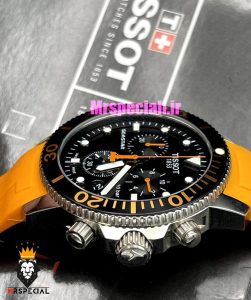ساعت تیسوت مردانه مدل سی استار موتور کرنوگراف بند رابر نارنجی صفحه مشکی 021416 TISSOT SEASTAR 